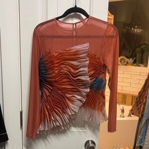Rust Multi-Color Ruffle Mesh Blouse with Accent Pleats